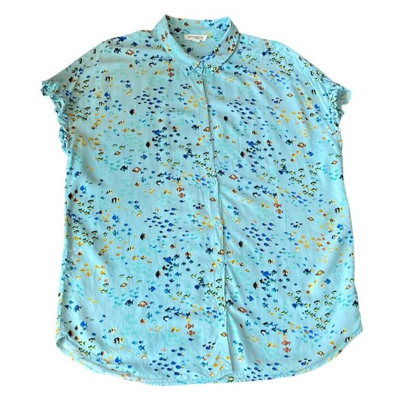 Beach Lunch Lounge Button Up Short Sleeve Top XL Novelty Tropical Fish #347J - Picture 2 of 11